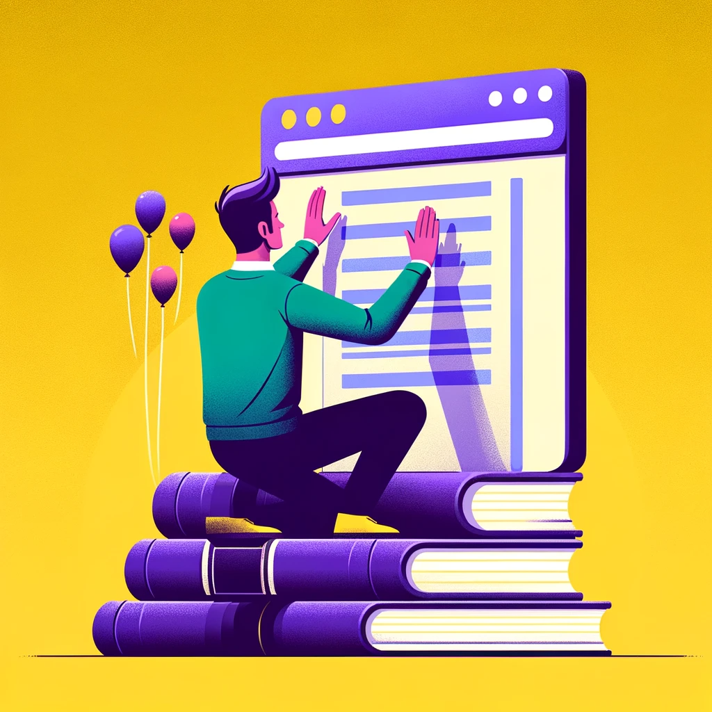 DALL·E 2023 12 17 22.22.37 Create an image of a man with short hair wearing a green sweater and dark pants kneeling on a stack of large purple books. He is raising up a web br | Digital Marknadsföring, SEO, SEM