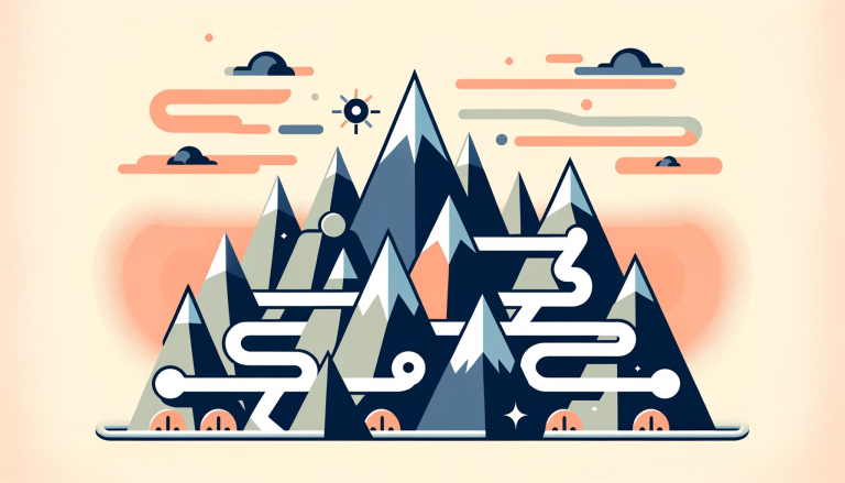 DALL·E 2024 01 23 11.07.44 A simple flat design of a landscape depicting the concept of Keyword Difficulty as a maze like mountain range. Each mountain peak designed in a mi | Digital Marknadsföring, SEO, SEM
